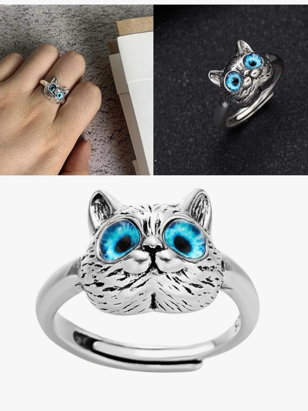 😺 Adorable Cat Face Charm Ring with Piercing Aqua Blue Eyes -